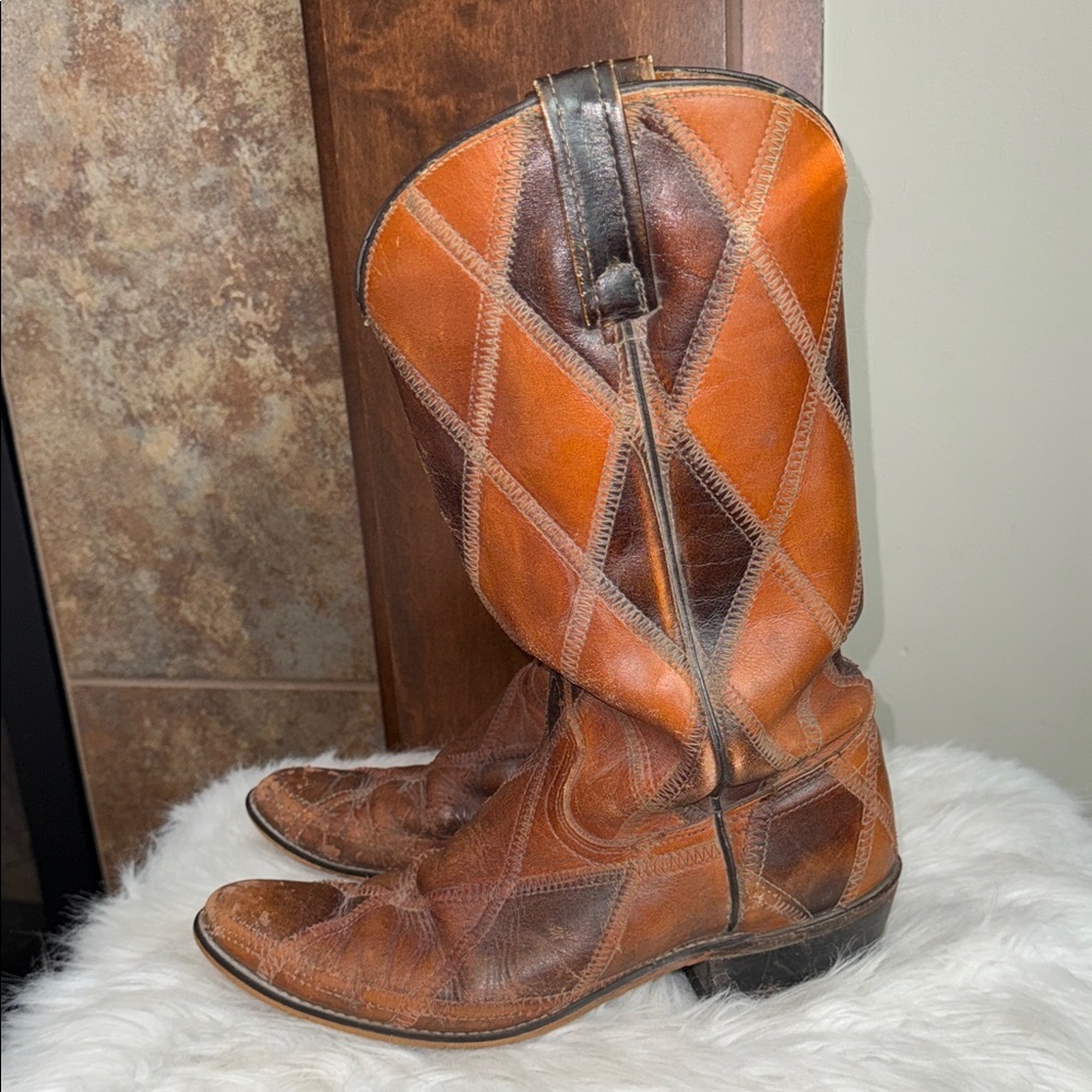 vintage ACME Cowgirl boots tan brown harlequin patchwork leather size 8A narrow
